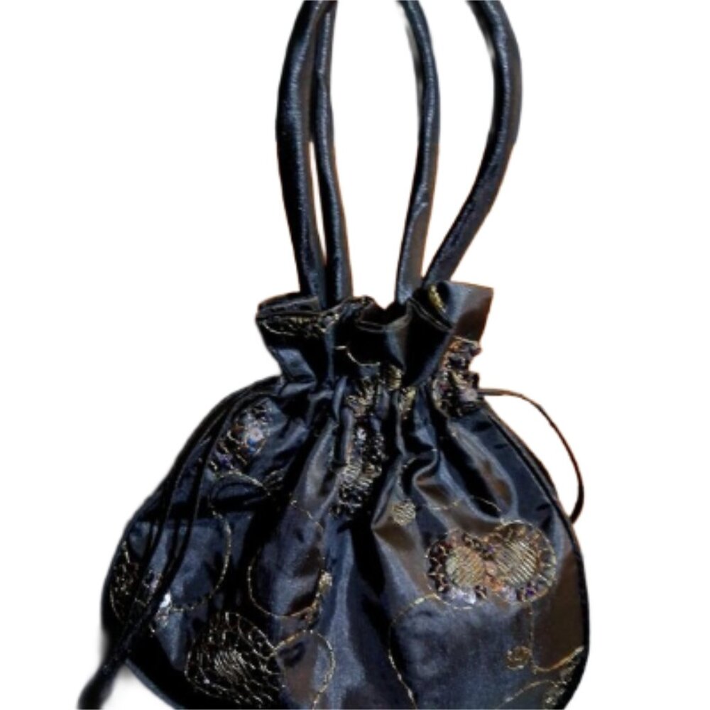 Small black satin wristlet bag with delicate stitiching
